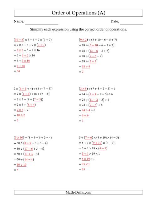 The Order of Operations with Whole Numbers and No Exponents (Six Steps) (A) Math Worksheet Page 2