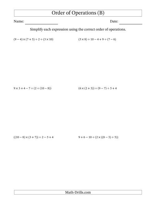The Order of Operations with Whole Numbers and No Exponents (Six Steps) (B) Math Worksheet