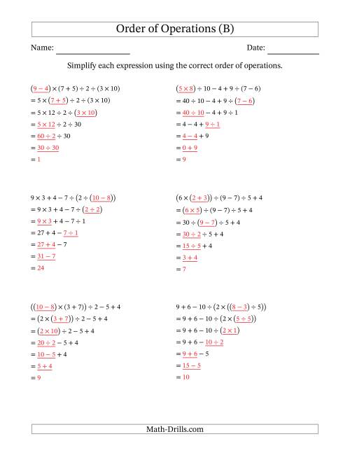 The Order of Operations with Whole Numbers and No Exponents (Six Steps) (B) Math Worksheet Page 2
