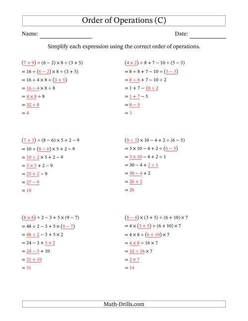 The Order of Operations with Whole Numbers and No Exponents (Six Steps) (C) Math Worksheet Page 2