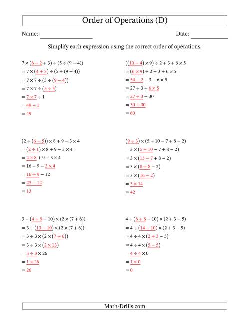 The Order of Operations with Whole Numbers and No Exponents (Six Steps) (D) Math Worksheet Page 2
