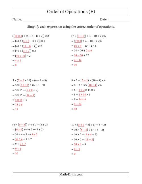 The Order of Operations with Whole Numbers and No Exponents (Six Steps) (E) Math Worksheet Page 2