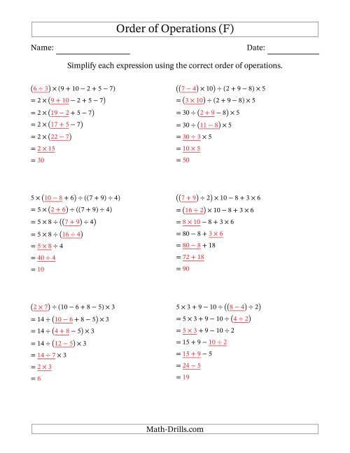 The Order of Operations with Whole Numbers and No Exponents (Six Steps) (F) Math Worksheet Page 2