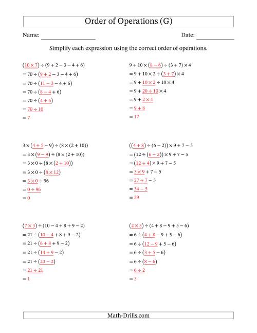 The Order of Operations with Whole Numbers and No Exponents (Six Steps) (G) Math Worksheet Page 2
