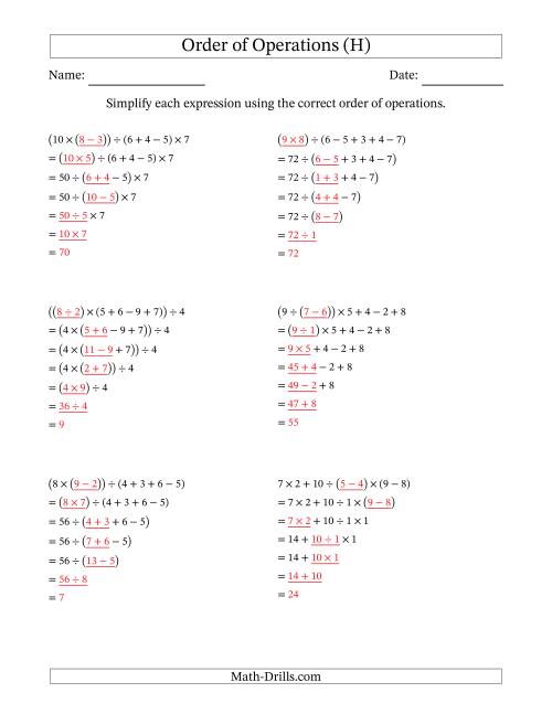 The Order of Operations with Whole Numbers and No Exponents (Six Steps) (H) Math Worksheet Page 2