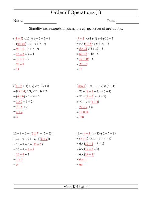 The Order of Operations with Whole Numbers and No Exponents (Six Steps) (I) Math Worksheet Page 2
