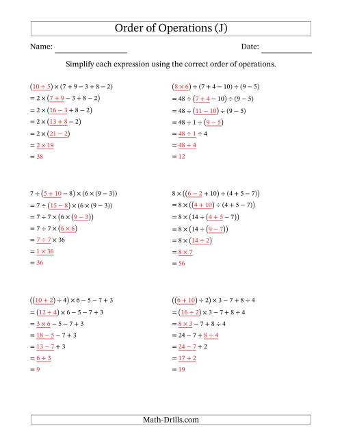 The Order of Operations with Whole Numbers and No Exponents (Six Steps) (J) Math Worksheet Page 2