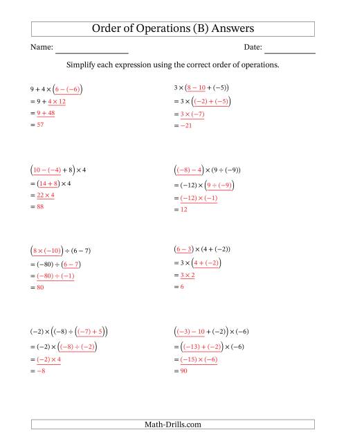 The Order of Operations with Negative and Positive Integers and No Exponents (Three Steps) (B) Math Worksheet Page 2