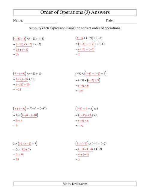 The Order of Operations with Negative and Positive Integers and No Exponents (Three Steps) (J) Math Worksheet Page 2