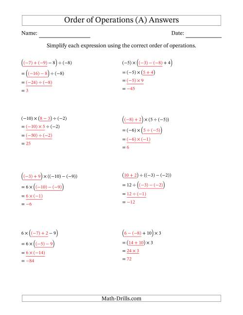 The Order of Operations with Negative and Positive Integers and No Exponents (Three Steps) (All) Math Worksheet Page 2