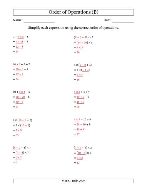 The Order of Operations with Whole Numbers and No Exponents (Three Steps) (B) Math Worksheet Page 2
