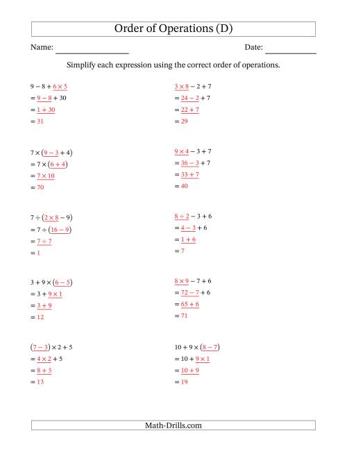 The Order of Operations with Whole Numbers and No Exponents (Three Steps) (D) Math Worksheet Page 2