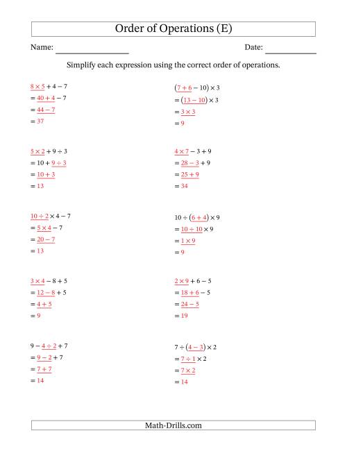 The Order of Operations with Whole Numbers and No Exponents (Three Steps) (E) Math Worksheet Page 2