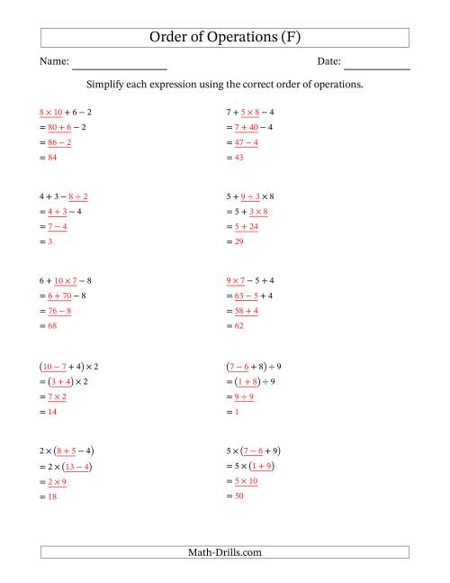 The Order of Operations with Whole Numbers and No Exponents (Three Steps) (F) Math Worksheet Page 2