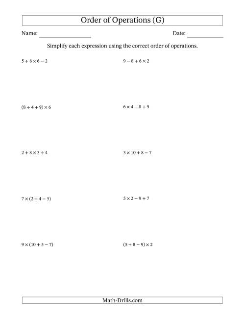 The Order of Operations with Whole Numbers and No Exponents (Three Steps) (G) Math Worksheet