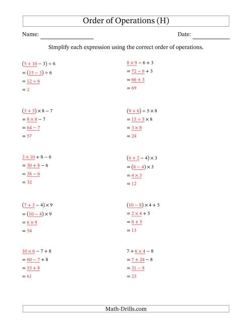 The Order of Operations with Whole Numbers and No Exponents (Three Steps) (H) Math Worksheet Page 2