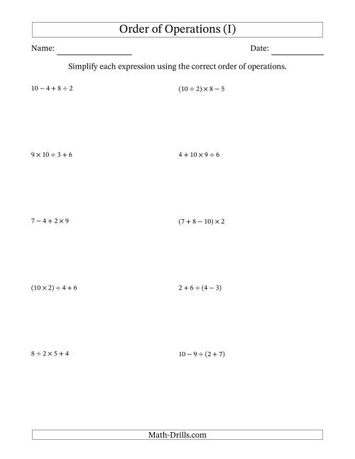 The Order of Operations with Whole Numbers and No Exponents (Three Steps) (I) Math Worksheet