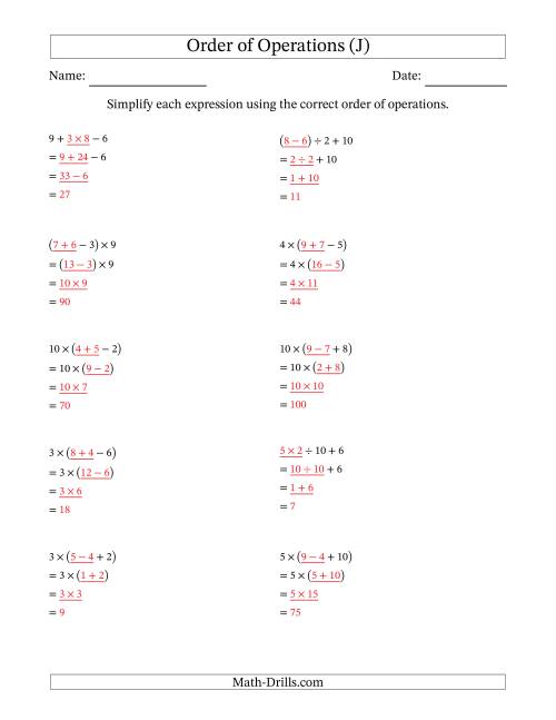 The Order of Operations with Whole Numbers and No Exponents (Three Steps) (J) Math Worksheet Page 2