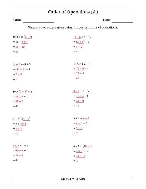The Order of Operations with Whole Numbers and No Exponents (Three Steps) (All) Math Worksheet Page 2