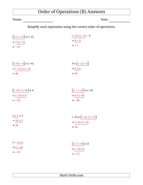 The Order of Operations with Negative and Positive Integers and No Exponents (Two Steps) (B) Math Worksheet Page 2