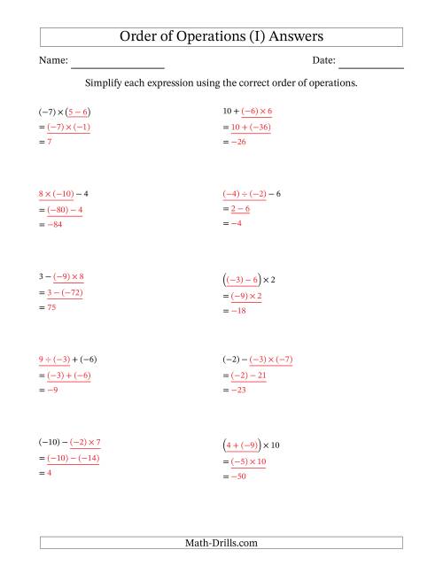 The Order of Operations with Negative and Positive Integers and No Exponents (Two Steps) (I) Math Worksheet Page 2