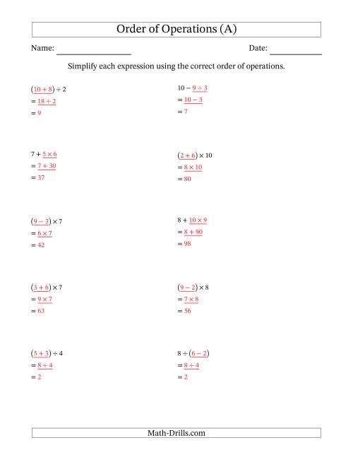 The Order of Operations with Whole Numbers and No Exponents (Two Steps) (A) Math Worksheet Page 2