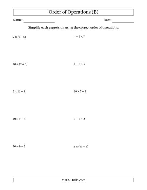 The Order of Operations with Whole Numbers and No Exponents (Two Steps) (B) Math Worksheet