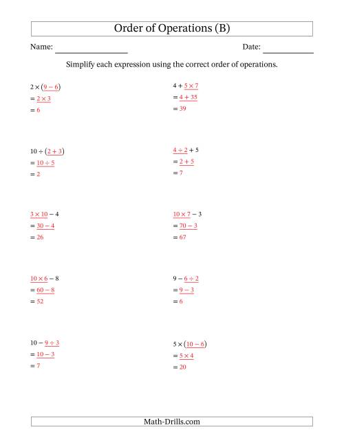 The Order of Operations with Whole Numbers and No Exponents (Two Steps) (B) Math Worksheet Page 2