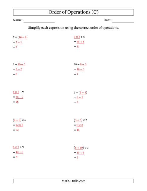 The Order of Operations with Whole Numbers and No Exponents (Two Steps) (C) Math Worksheet Page 2