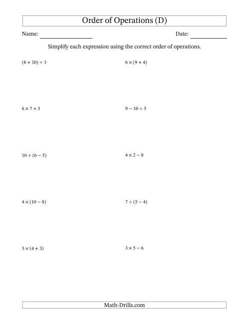The Order of Operations with Whole Numbers and No Exponents (Two Steps) (D) Math Worksheet