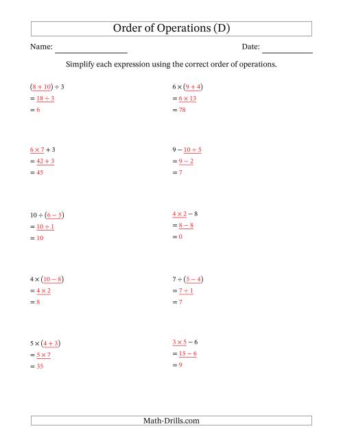 The Order of Operations with Whole Numbers and No Exponents (Two Steps) (D) Math Worksheet Page 2