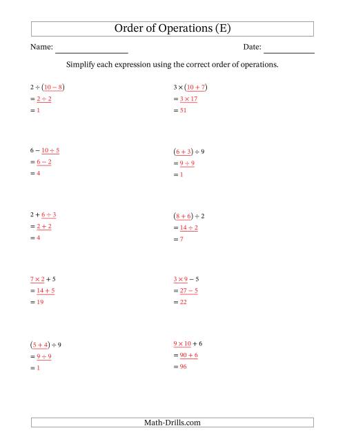 The Order of Operations with Whole Numbers and No Exponents (Two Steps) (E) Math Worksheet Page 2