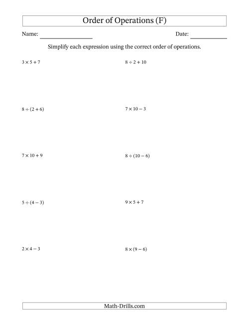 The Order of Operations with Whole Numbers and No Exponents (Two Steps) (F) Math Worksheet