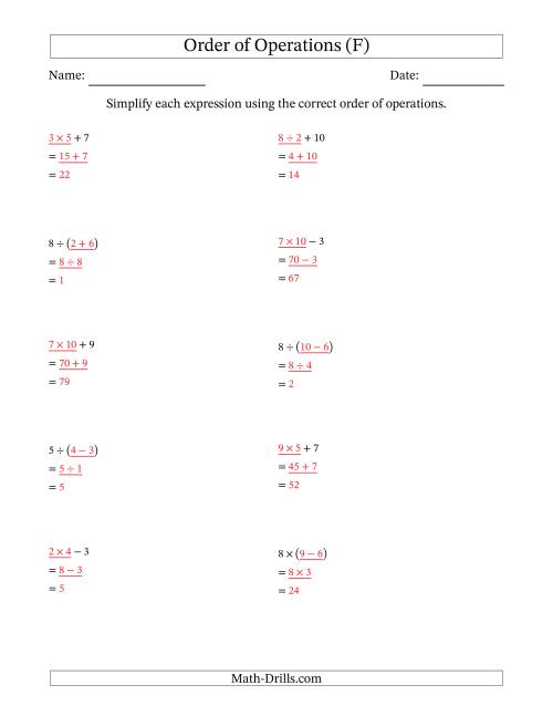 The Order of Operations with Whole Numbers and No Exponents (Two Steps) (F) Math Worksheet Page 2