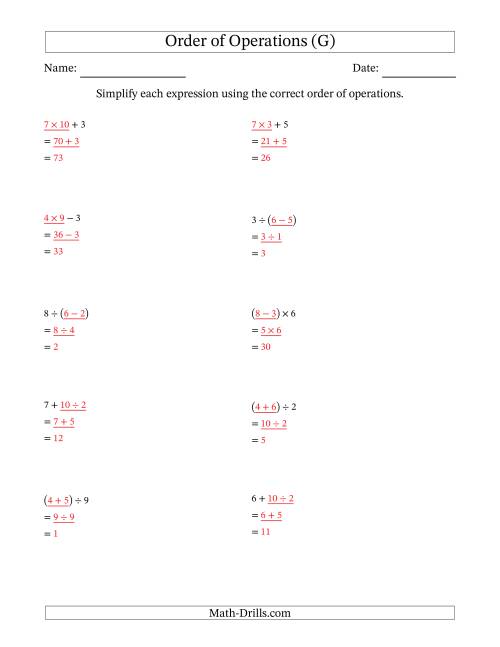 The Order of Operations with Whole Numbers and No Exponents (Two Steps) (G) Math Worksheet Page 2