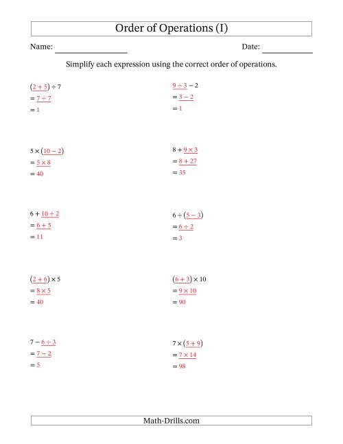 The Order of Operations with Whole Numbers and No Exponents (Two Steps) (I) Math Worksheet Page 2