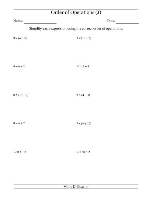The Order of Operations with Whole Numbers and No Exponents (Two Steps) (J) Math Worksheet