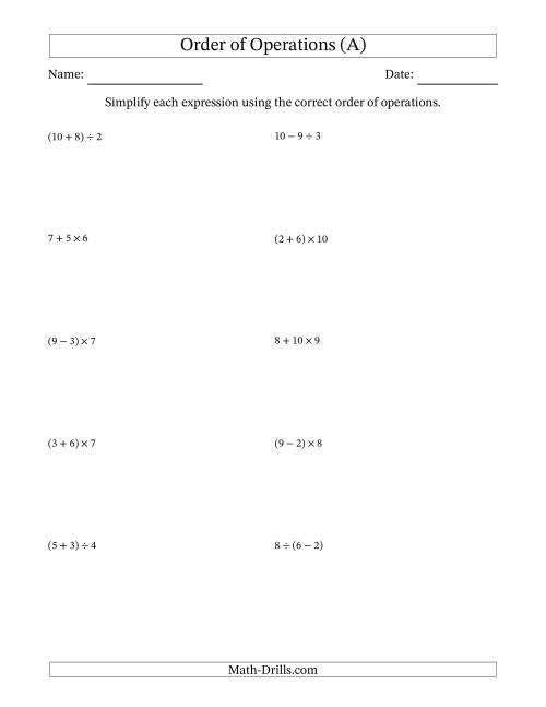 The Order of Operations with Whole Numbers and No Exponents (Two Steps) (All) Math Worksheet