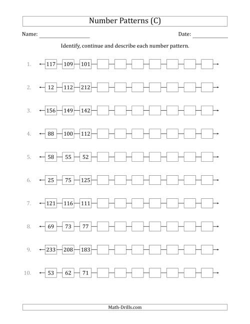 The Identifying, Continuing and Describing Increasing and Decreasing Number Patterns (First 3 Numbers Shown) (C) Math Worksheet