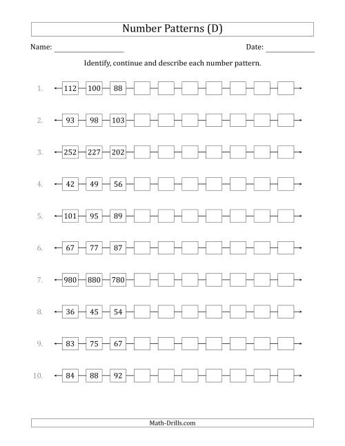 The Identifying, Continuing and Describing Increasing and Decreasing Number Patterns (First 3 Numbers Shown) (D) Math Worksheet