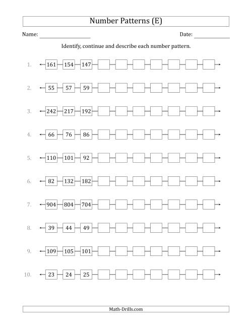 The Identifying, Continuing and Describing Increasing and Decreasing Number Patterns (First 3 Numbers Shown) (E) Math Worksheet