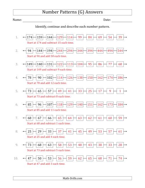 The Identifying, Continuing and Describing Increasing and Decreasing Number Patterns (First 3 Numbers Shown) (G) Math Worksheet Page 2