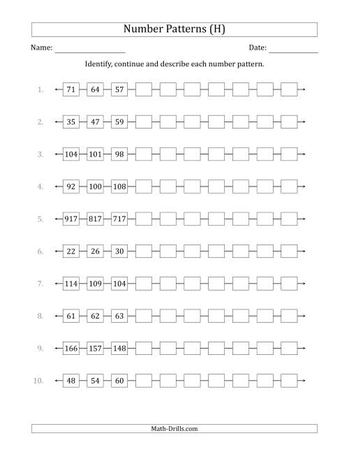 The Identifying, Continuing and Describing Increasing and Decreasing Number Patterns (First 3 Numbers Shown) (H) Math Worksheet