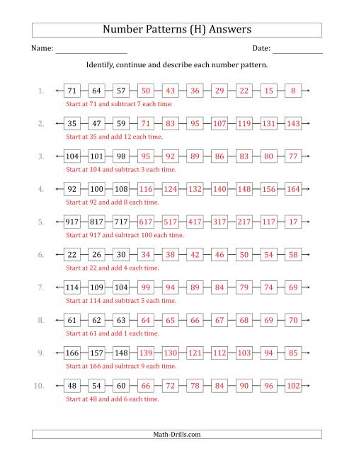 The Identifying, Continuing and Describing Increasing and Decreasing Number Patterns (First 3 Numbers Shown) (H) Math Worksheet Page 2