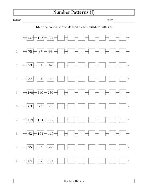 The Identifying, Continuing and Describing Increasing and Decreasing Number Patterns (First 3 Numbers Shown) (J) Math Worksheet