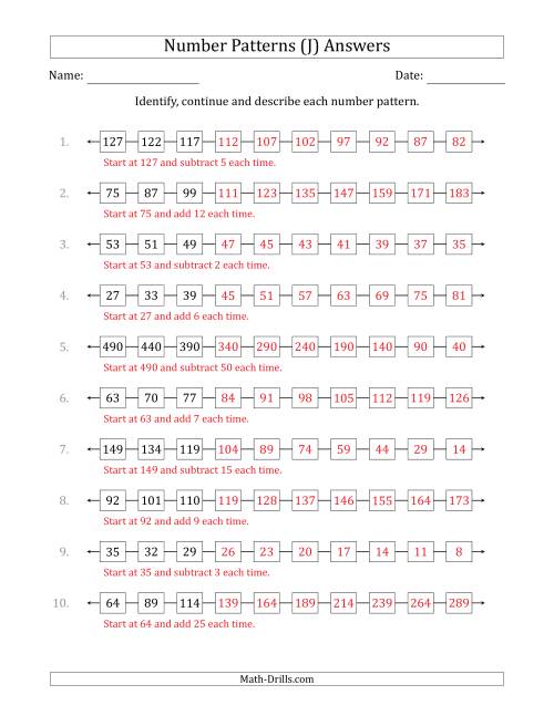 The Identifying, Continuing and Describing Increasing and Decreasing Number Patterns (First 3 Numbers Shown) (J) Math Worksheet Page 2