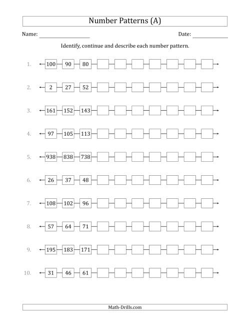 The Identifying, Continuing and Describing Increasing and Decreasing Number Patterns (First 3 Numbers Shown) (All) Math Worksheet