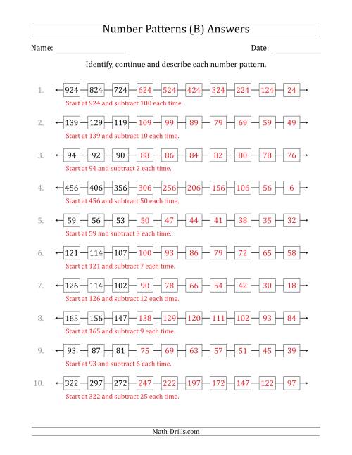 The Identifying, Continuing and Describing Decreasing Number Patterns (First 3 Numbers Shown) (B) Math Worksheet Page 2