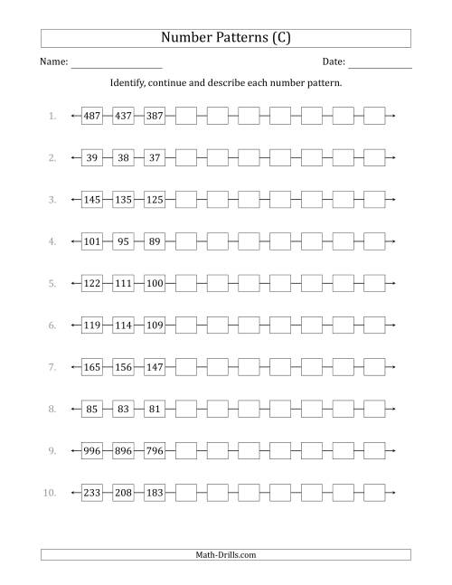 The Identifying, Continuing and Describing Decreasing Number Patterns (First 3 Numbers Shown) (C) Math Worksheet