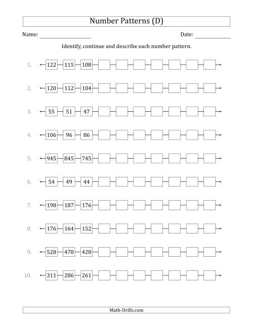 The Identifying, Continuing and Describing Decreasing Number Patterns (First 3 Numbers Shown) (D) Math Worksheet